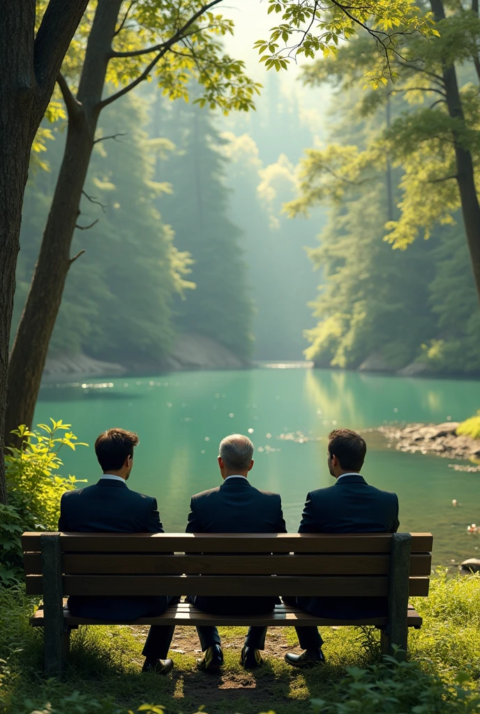 Men sitting near lake in forest detailed high resolution masterpiece 8k clear