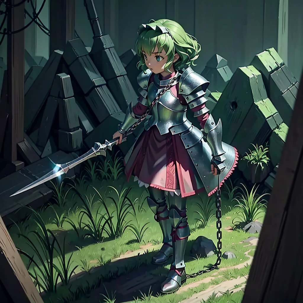 最high quality、high quality、Simple Cloth Armor、１０Year-old girl adventurer、Equipped with a weapon that has a short chain at the end of a stick and a spiked iron ball at the end of the chain、In a dark maze、Green armor