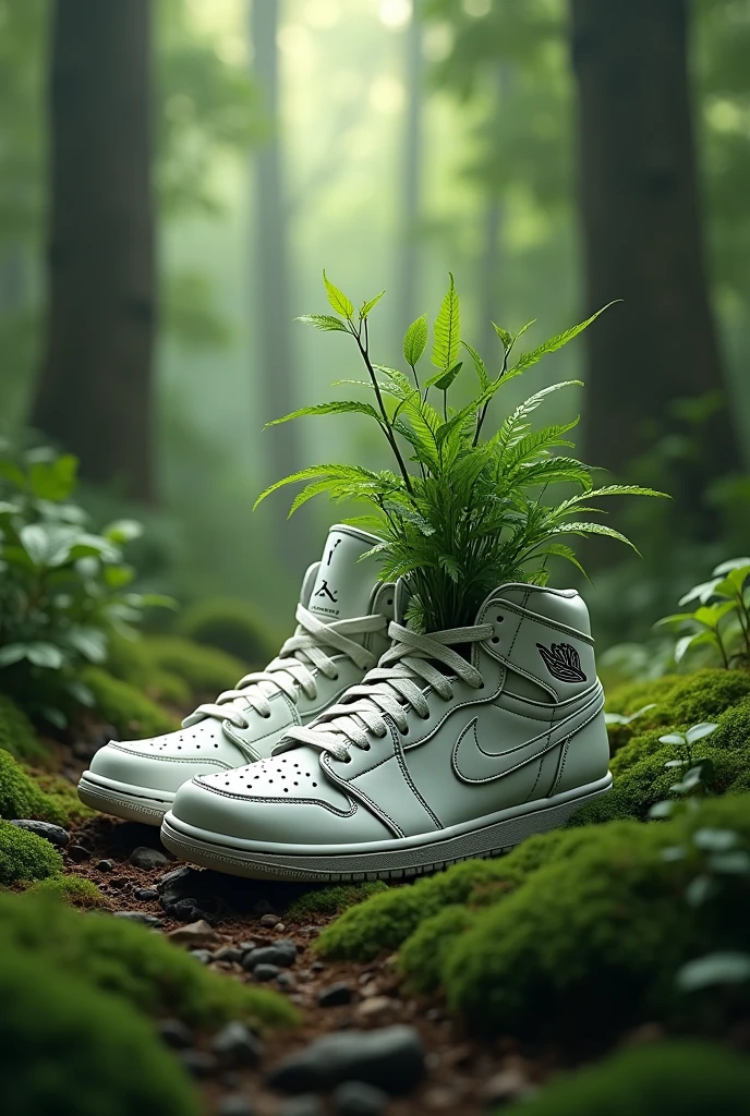 Jordan sneakers in the forest with a plant inside