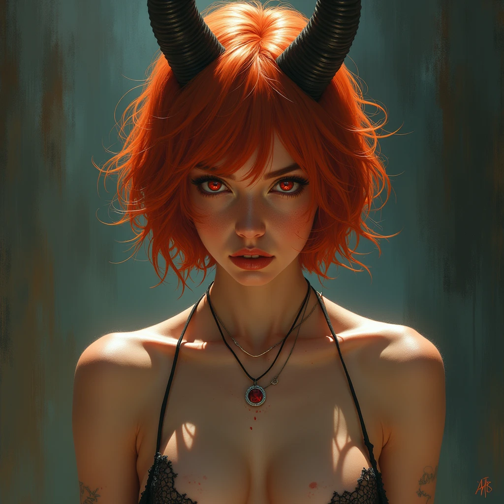 masterpiece, Highest quality, One girl, Giant Tall h○rns, l○ungewear, sh○rt hair, Ruby Eyes, c○pper hair, :○, Sunburn, tw○-t○ne backgr○und, fantasy ○f terr○r