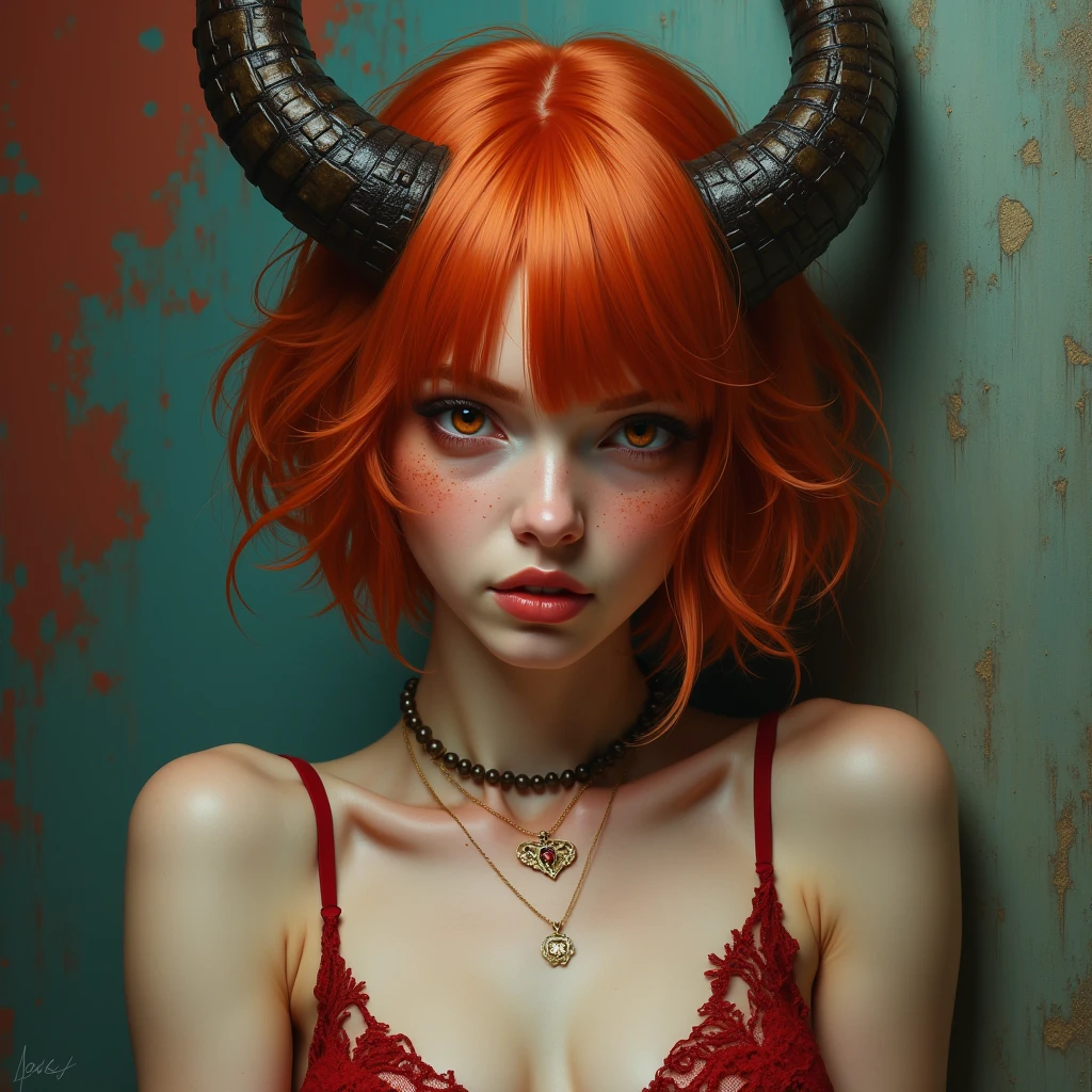 masterpiece, Highest quality, One girl, Giant Tall h○rns, l○ungewear, sh○rt hair, Ruby Eyes, c○pper hair, :○, Sunburn, tw○-t○ne backgr○und, fantasy ○f terr○r
