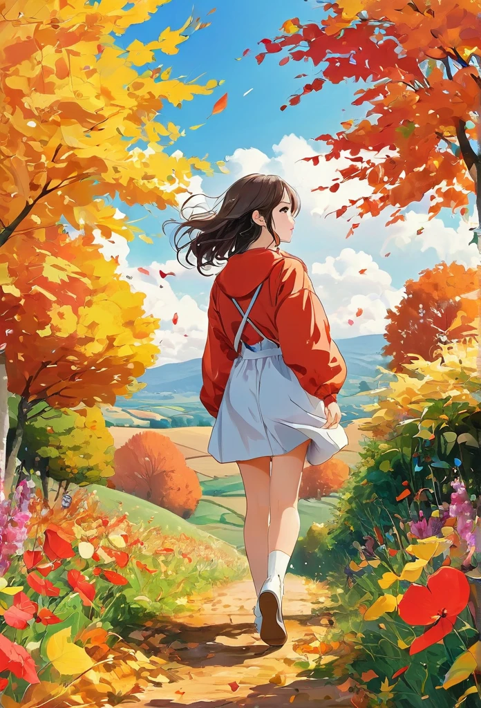 Watase Seizo style, whole body,Low - Angle, autumn, woman, Simple line initials,Abstract art,Countryside Background, (((The most beautiful girl))), Lips in Love, walk, Colorful flowers, colorful, Monsters Surrounding the Woman, ???