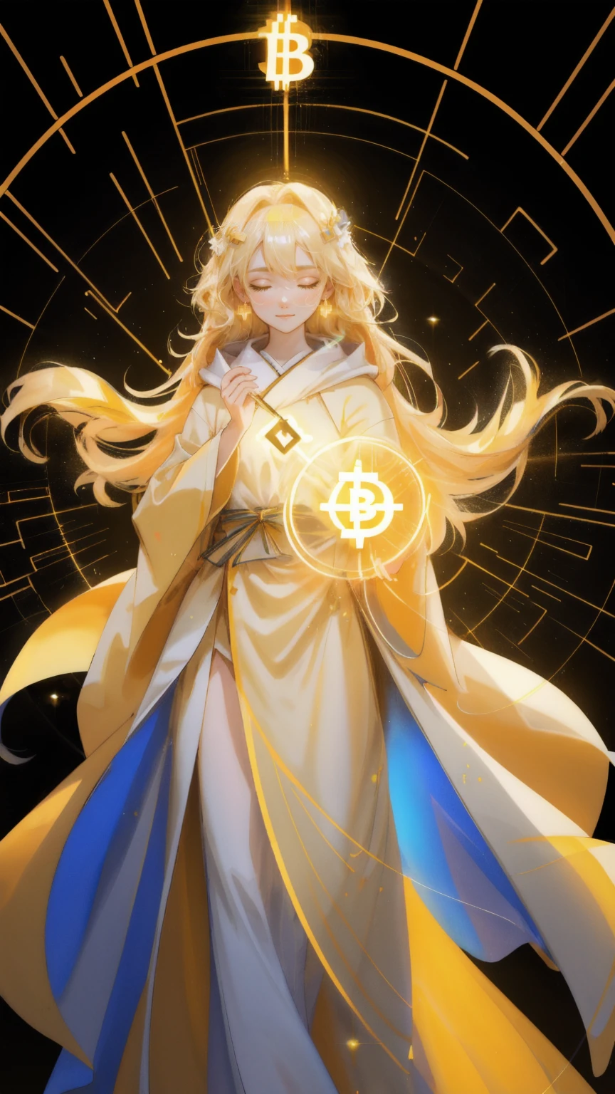 A celestial image of a beautiful girl in a flowing yellow robe, surrounded by floating Bitcoin symbols and digital light trails. She holds a glowing Bitcoin in her hands, as if channeling energy into it, with a serene expression on her face. Rays of light emanate from behind her, merging with holographic data streams and blockchain codes. The scene is set against a bright yellow background, with a mystical aura, emphasizing the theme of faith and healing in the cryptocurrency world.