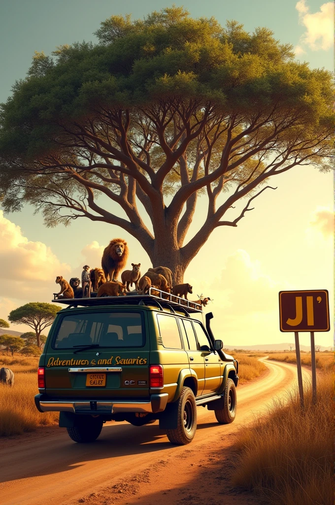 A big tour land cruiser written JJ ADVENTURES AND SAFARIS In large font size at the back on a road in the savannah land ,and a canopy tree besides surrounded by monkeys, elephant,lion, leopard,rhino and giraffe and a road sign written JJ ADVENTURES AND SAFARIS in large font size 