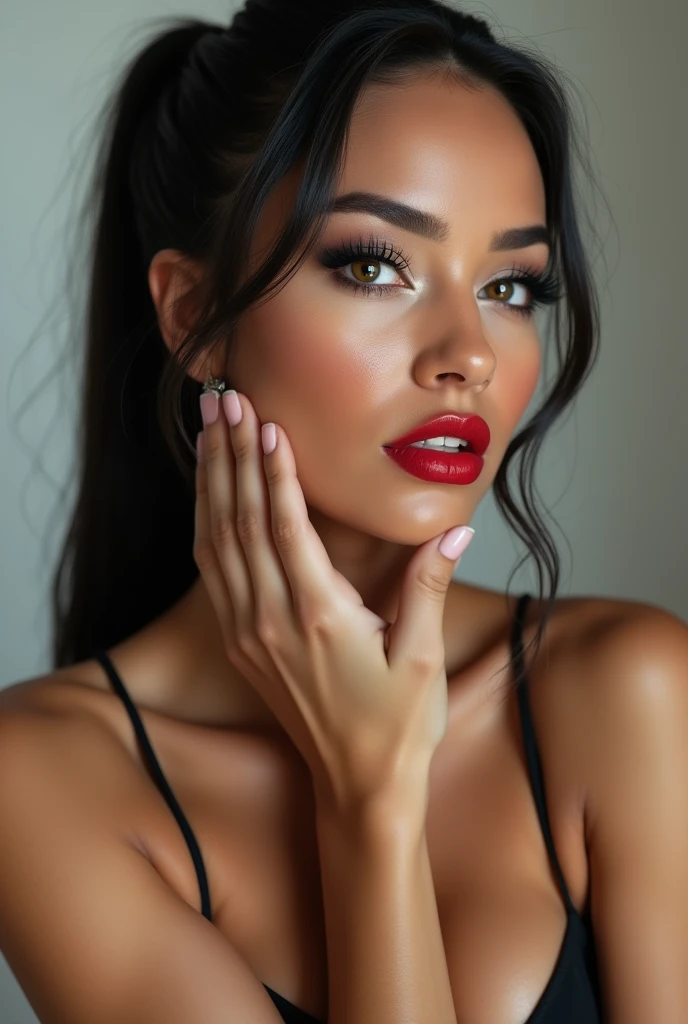 close-up, extreme close-up, close-up portrait, portrait, ultra realistic, photography, long black straight hair in a ponytail, elegant braided hair, (30 years old, hazel eyes, hourglass figure, perfect fit body, natural big breasts), firtatious look, crimson red lipstick, femme fatale, long eyelashes, cat-eye make-up, she is completely nude, she is completely naked, highlight her cleavage, highlight her curves, she has her hands on her neck and her head slightly falls backwards, her eyes focus the camera and her lips are slightly parted
