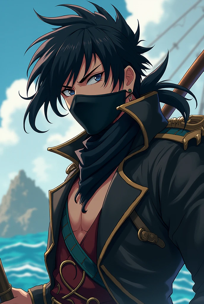 Create a character in the anime sense Pirate with hair on the eye and black Put on a mask Male 