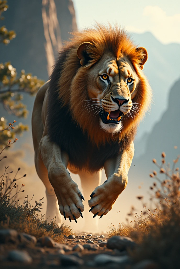 Create a stunning, AI-generated artwork depicting a wild animal in motion, capturing its natural behavior and environment. The artwork should focus on a single animal, such as a lion, eagle, or wolf, showcasing its powerful movement and agility. The background should reflect the animal’s natural habitat, whether it's a dense forest, open savanna, or rugged mountains.
The scene should emphasize the dynamic movement of the animal, with a sense of motion and energy. Use vivid colors and intricate details to bring the animal and its surroundings to life, highlighting the textures of fur, feathers, or scales, as well as the natural elements like trees, rocks, or water.
The overall style should be realistic yet artistic, blending fine details with a sense of fluidity and motion. Ensure the image has a high level of clarity and focus, with attention to the animal’s expression and the environment's atmosphere. The final artwork should be visually striking, evoking a deep connection with the wild.