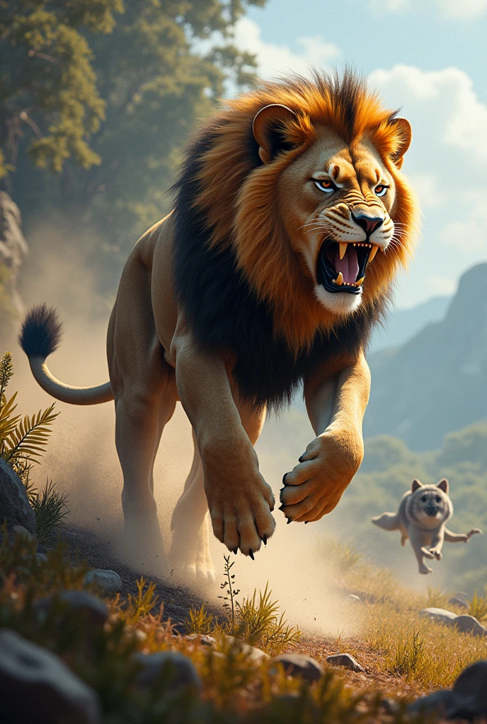 Create a stunning, AI-generated artwork depicting a wild animal in motion, capturing its natural behavior and environment. The artwork should focus on a single animal, such as a lion, eagle, or wolf, showcasing its powerful movement and agility. The background should reflect the animal’s natural habitat, whether it's a dense forest, open savanna, or rugged mountains.
The scene should emphasize the dynamic movement of the animal, with a sense of motion and energy. Use vivid colors and intricate details to bring the animal and its surroundings to life, highlighting the textures of fur, feathers, or scales, as well as the natural elements like trees, rocks, or water.
The overall style should be realistic yet artistic, blending fine details with a sense of fluidity and motion. Ensure the image has a high level of clarity and focus, with attention to the animal’s expression and the environment's atmosphere. The final artwork should be visually striking, evoking a deep connection with the wild.