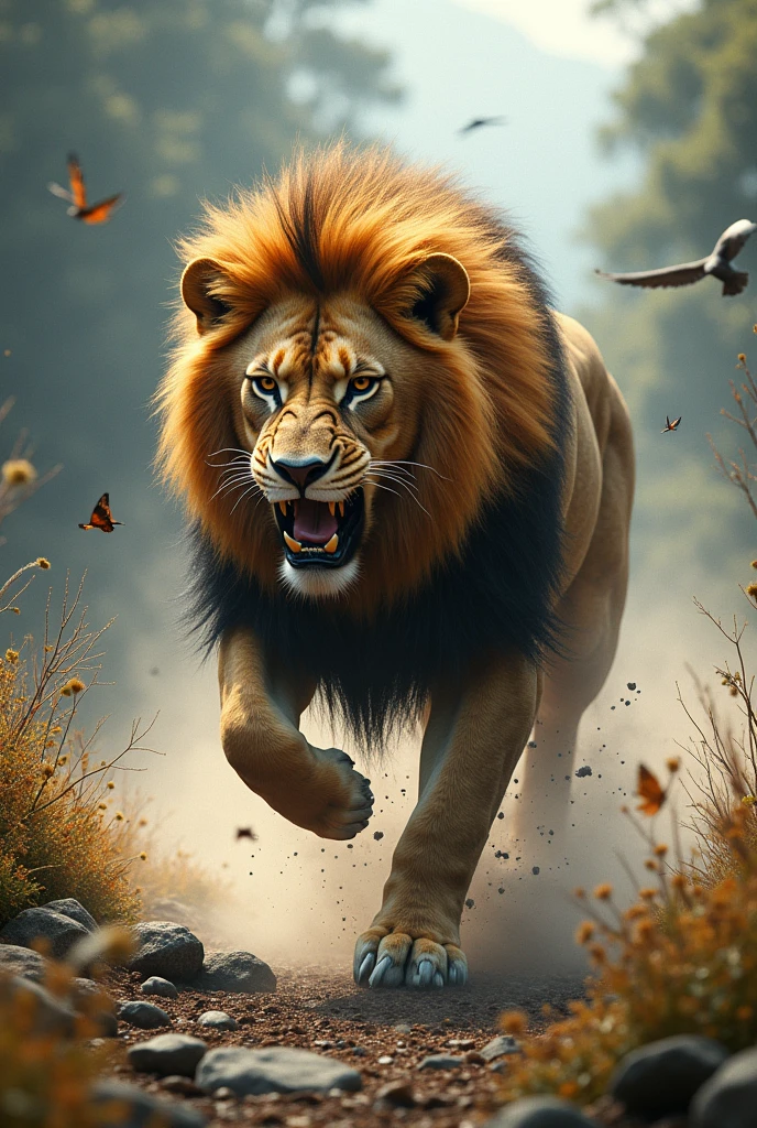 Create a stunning, AI-generated artwork depicting a wild animal in motion, capturing its natural behavior and environment. The artwork should focus on a single animal, such as a lion, eagle, or wolf, showcasing its powerful movement and agility. The background should reflect the animal’s natural habitat, whether it's a dense forest, open savanna, or rugged mountains.

The scene should emphasize the dynamic movement of the animal, with a sense of motion and energy. Use vivid colors and intricate details to bring the animal and its surroundings to life, highlighting the textures of fur, feathers, or scales, as well as the natural elements like trees, rocks, or water.

The overall style should be realistic yet artistic, blending fine details with a sense of fluidity and motion. Ensure the image has a high level of clarity and focus, with attention to the animal’s expression and the environment's atmosphere. The final artwork should be visually striking, evoking a deep connection with the wild.