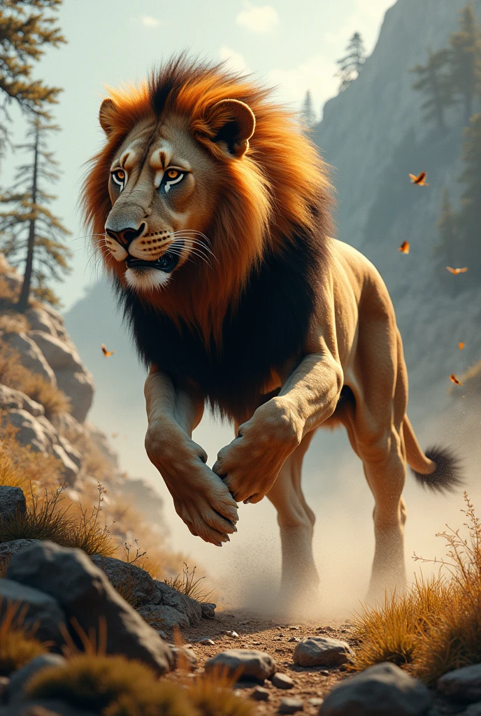 Create a stunning, AI-generated artwork depicting a wild animal in motion, capturing its natural behavior and environment. The artwork should focus on a single animal, such as a lion, eagle, or wolf, showcasing its powerful movement and agility. The background should reflect the animal’s natural habitat, whether it's a dense forest, open savanna, or rugged mountains.
The scene should emphasize the dynamic movement of the animal, with a sense of motion and energy. Use vivid colors and intricate details to bring the animal and its surroundings to life, highlighting the textures of fur, feathers, or scales, as well as the natural elements like trees, rocks, or water.
The overall style should be realistic yet artistic, blending fine details with a sense of fluidity and motion. Ensure the image has a high level of clarity and focus, with attention to the animal’s expression and the environment's atmosphere. The final artwork should be visually striking, evoking a deep connection with the wild.