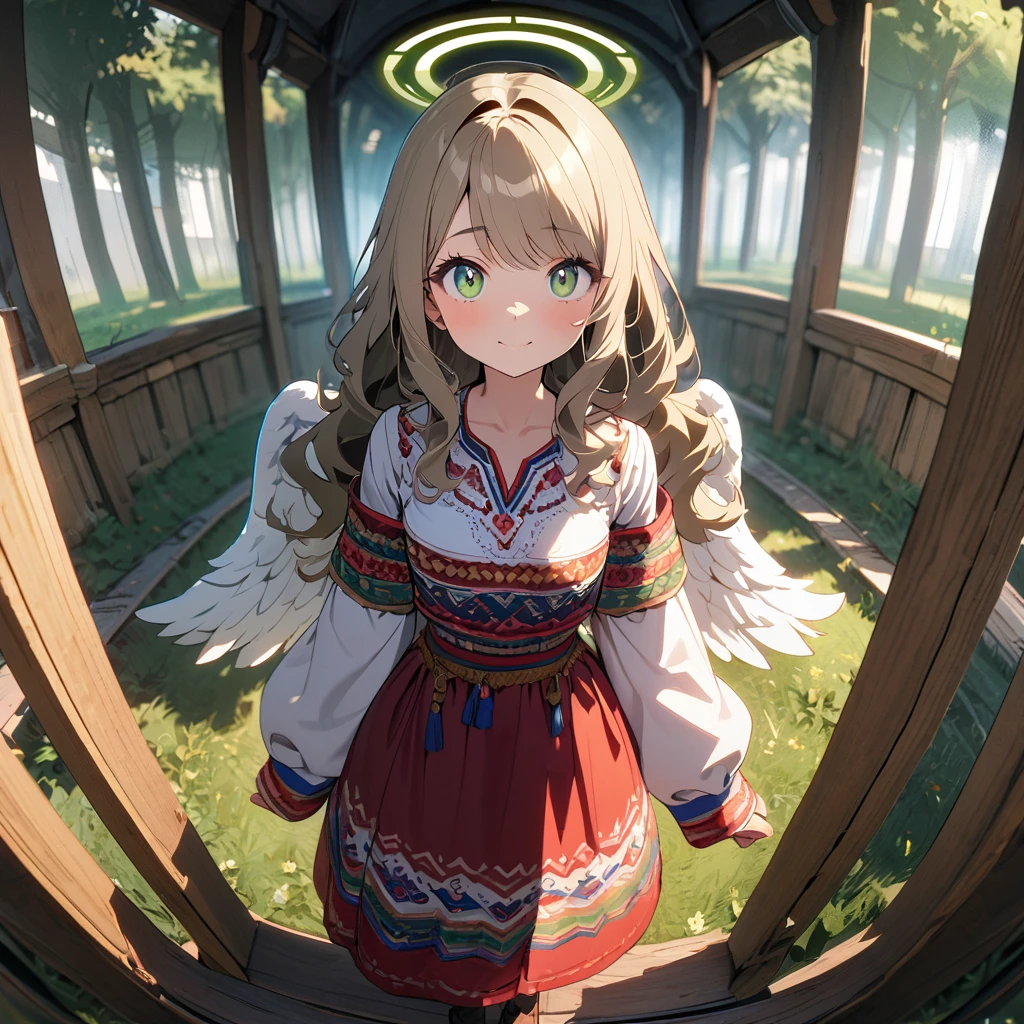 (8K, best quality, master piece: 1.2),ultra-high resolution,1 girl,solo,,ultra-detailed face,detailed eyes,gradient eyes,lash extension,Long hair,khaki hair,wavy hair,halo,swept bangs,sheer sleeves,Moldova folk costume with angel wings on back,looking at viewer,fisheye,Standing,happy,The arched green tunnel made by the famous trees of Ukraine