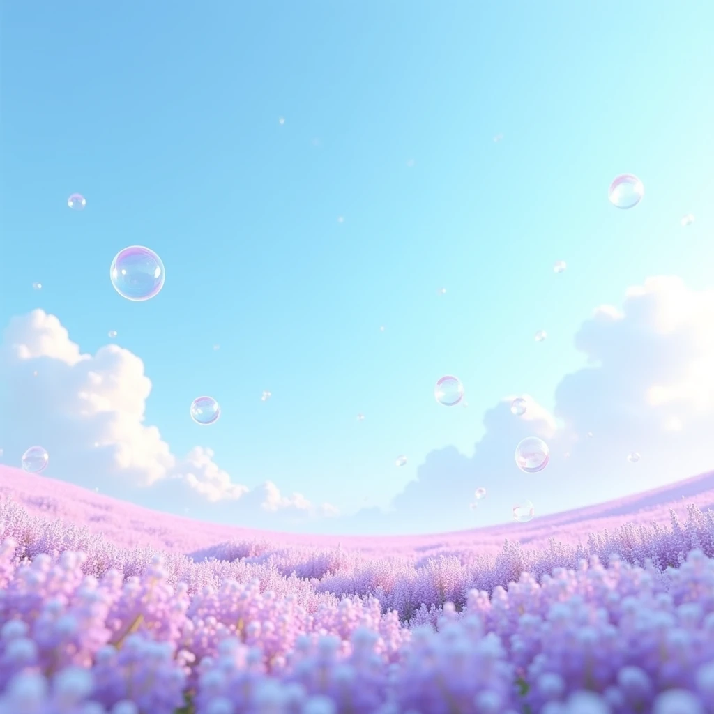 spring field of pastel purple flowers. Image should show the blue sky with blue clear bubbles floating around. Image should be 3d and clear