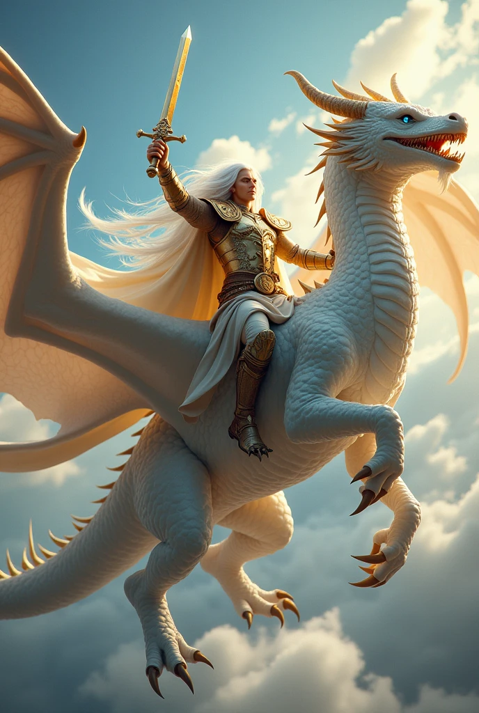 A male paladin with long white hair and a sword in his right hand flying on top of a muscular white celestial dragon with an angry face and white and golden wings and blue eyes. 