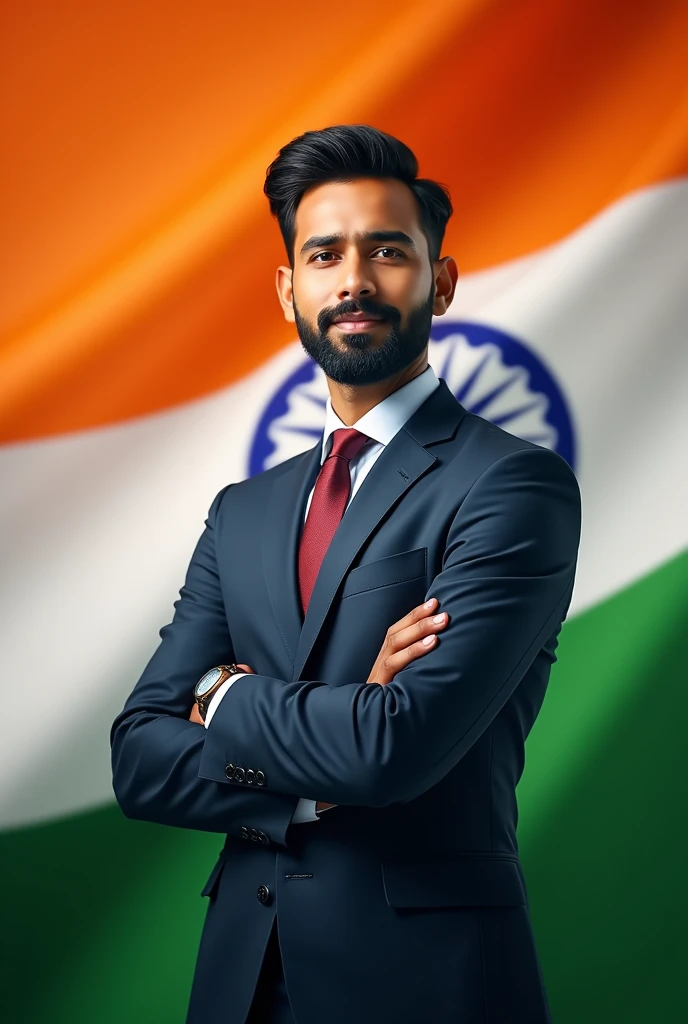 Indian 24 year young one professional boy Beard. And eye to eye stand position Indian flag color background