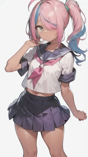((skinny)),((Wheat skin)),(tall,tanlines),(side ponytail,ahoge,One eye is covered by hair,purple hair),((pink streaked hair)),(Sailor school uniform)