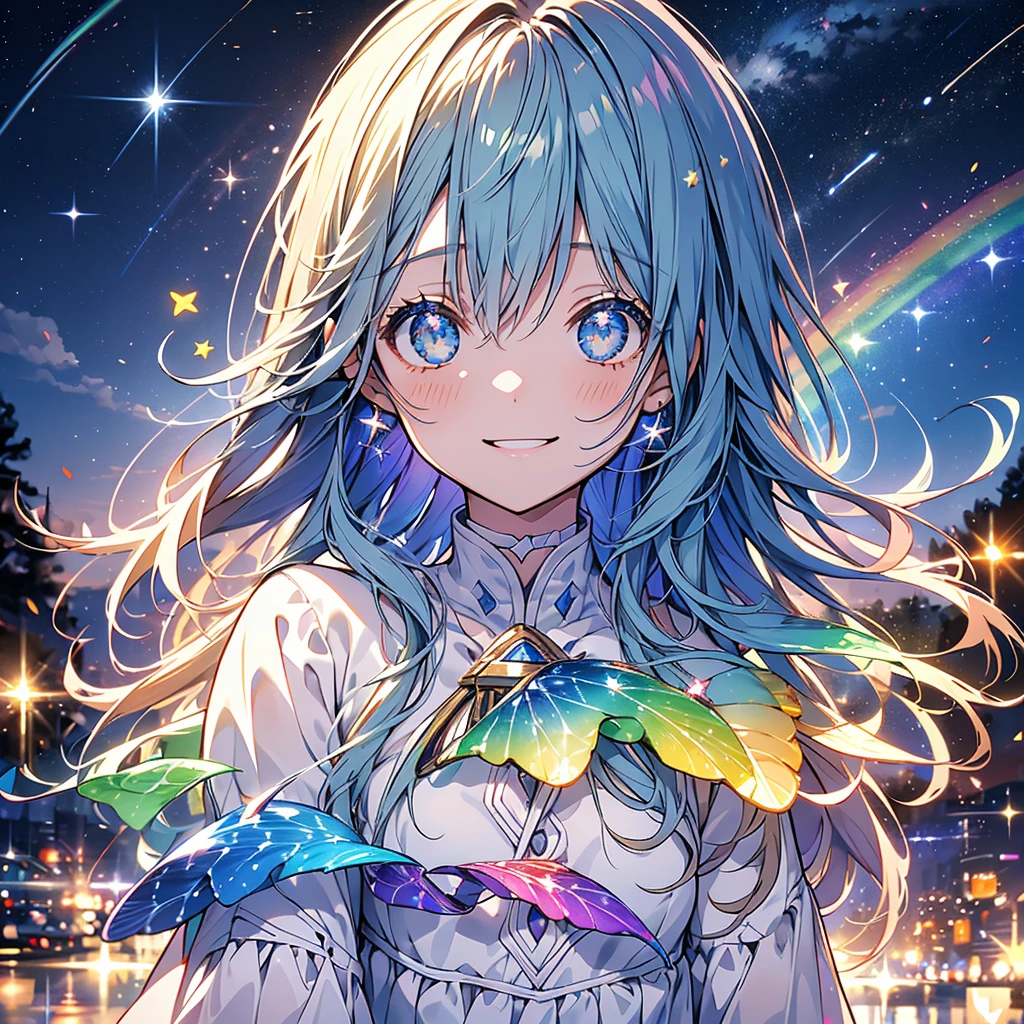masterpiece、girl、Rainbow colorsの髪、Sparkling eyes、smile、Shining Background、Starry Ski、Rainbow colors、Starry Sky、milky way、Upper Body、profile、プルメリアの花、