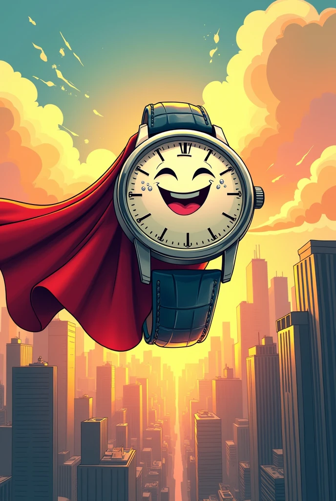 An analogue wristwatch with a superman cape, He is smiling and sweating as he flies through the morning sky of a city. comic style.