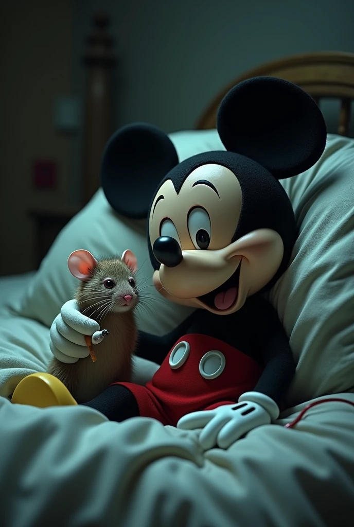 Mickey Mouse in bed with a rat, smoking a cigarette