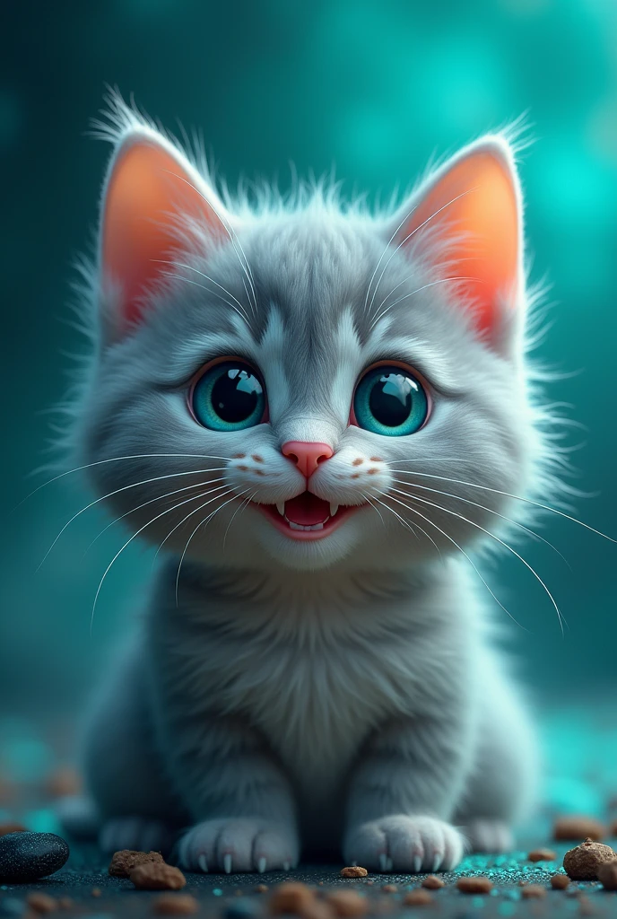 create a cute cat, is he happy, realisitic, focusing on your nose and mouth, focus on the whiskers, zoom in on nose and mouth, gray color with turquoise, super realisitic, turquoise galaxy background, super zoom, Epic realism
