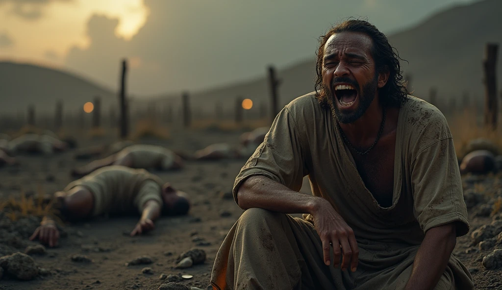 "A dark, somber, and realistic panoramic scene depicting the intense suffering of Job (Jo) from the Bible. In the foreground, Job is seen as a broken man, his body covered in painful sores and chagas, kneeling or standing in despair. His face is filled with anguish, eyes wide in shock, and mouth open as if crying out in pain. The background shows the tragic aftermath of his losses: dead animals scattered across the ground and the blurred, indistinct forms of his dead children lying motionless. The entire scene is filled with a sense of overwhelming grief and devastation, with the landscape around him bleak and desolate, emphasizing the magnitude of his suffering and loss."