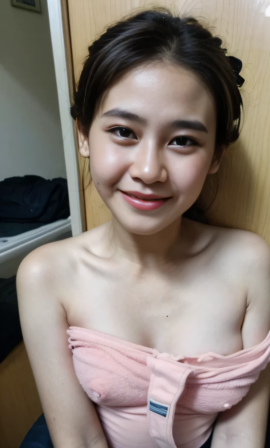 (8k、 RAW Photos、Highest quality、 High resolution:1.1)、 (超Realisticな:1.4)、(Realistic、 Realistic:1.3)、-yearsn girl、((Upper Body:1.3))、Bare skin, negligee and grip、With detailed panties 、  (Panties as a gift)、(Detailed silk panties:1.1)、Focus Panties、(blush:1.3)、(Pink color satin panties with stains in the crotch:1.3)、Embarrassing、Bobcut、Cleavage、Covered nipples