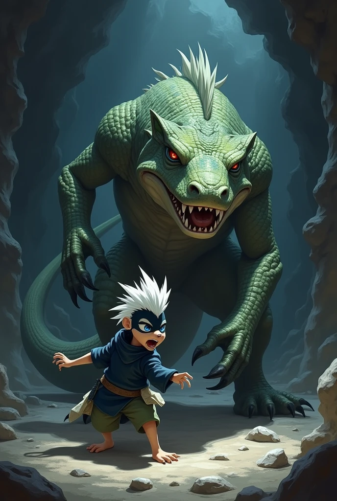 An anthropomorphic youthful slender  wolf cub with black and white fur, blue eyes and a striking white mohawk hairstyle wears a dark blue, baggy medieval tunic shirt with dark green, T-shirt-like short sleeves. in animated drawing style. He finds himself in a dark, dark cave. A huge evil monstrous lizard creature, which is significantly larger than the wolf cub, has already grabbed the panicked wolf cub by the head and is pressing him firmly to the cave floor with his claws. The monster drools, while trying, to devour the wolf cub. animated drawing style