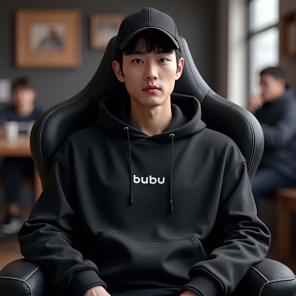 A handsome Korean man sitting on a gaming chair wearing a black polite hoodie , while wearing a black ball cap with the name on the hoodie " BUBUU "