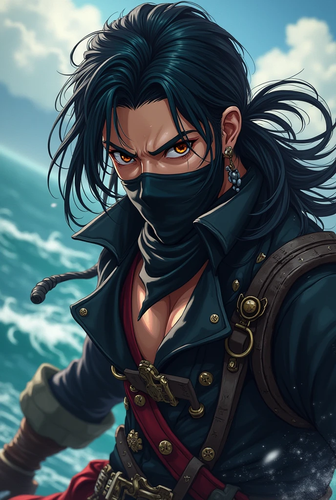 Create a character in the anime sense Pirate with hair on the eye and black Put on a mask Male 