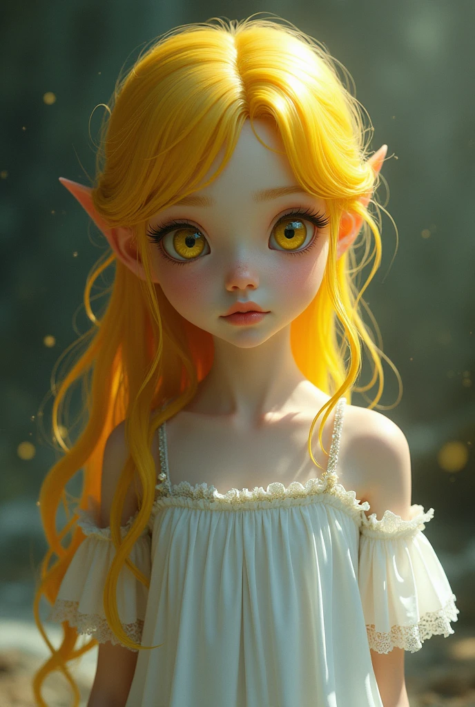 A girl with big yellow eyes and long eyebros’ yellow hear and white short dress cenemaitic
