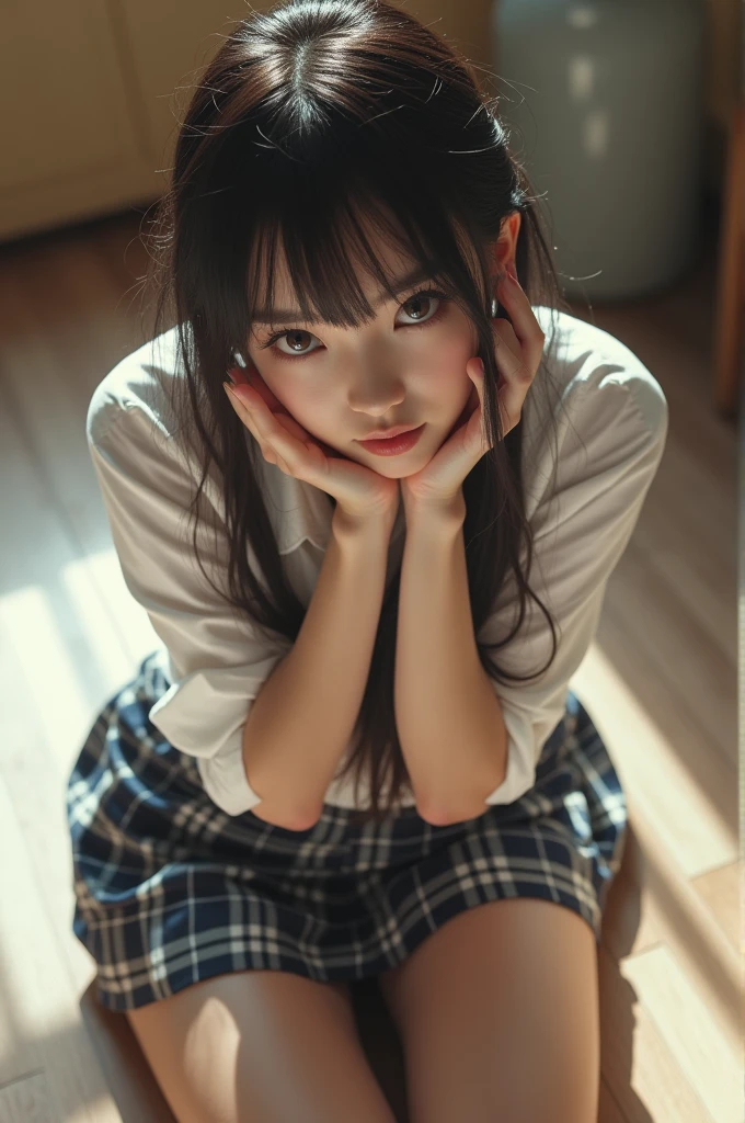 (realistic, photo-realistic:1.4),(best quality,masterpiece),RAW photo, high resolution, intricate details, finely detailed, incredibly detailed, extremely detailed, cinematic lighting, (full body, view from above, frontal photography:1.5), solo,1girl, a Japanese idol, (large breasts:1.2), lewd look, (lying on a floor, open legs:1.8), (very tall girl, smaller face, thin, slim, slender, thin legs), (white shirt, short sleeves, bowtie, plaid miniskirt, pleated skirt, bare legs, thighs, socks, loafers, school uniform:1.2), detailed face, beautiful detailed eyes, sophisticated nose, pale skin,
photo background, indoors,