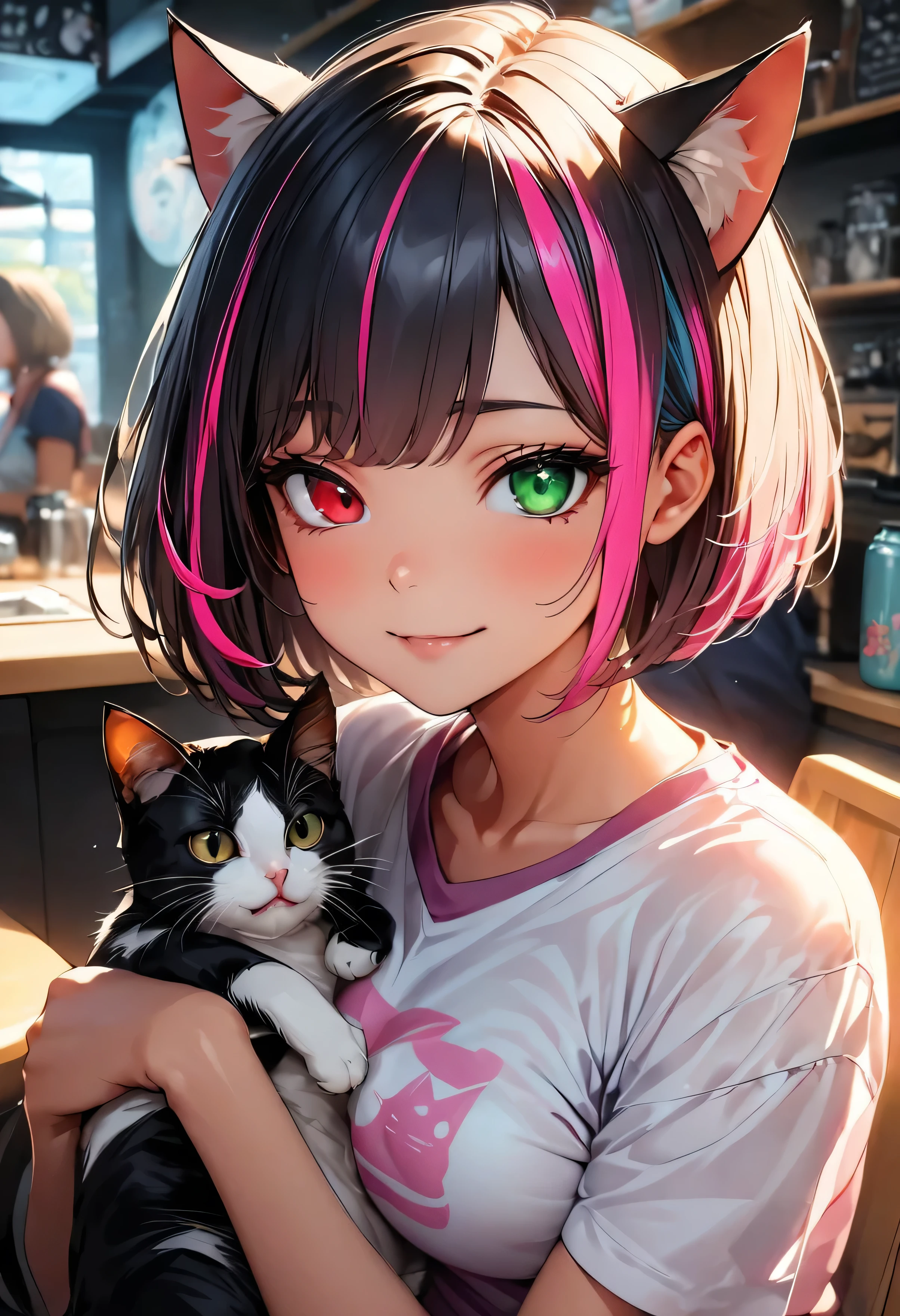 ((highest quality:1.2, Very detailed, up to date, Vibrant, Ultra-high resolution, High Contrast, masterpiece:1.2, highest quality, Best aesthetics), Portraiture、girl、solo, (25-years-old:1), slim, heterrochromia, green eye, red eye, Bright colors、Beautiful fine details、Beautiful lip detail、extra short hair, ((bob cut:1.5))、pink and purple, ((streaked hair:1.9)), (highlights hair: 1.6), (medium breast:0.7), (tan skin:0.5), (wear cat ears:2), (sitting in pet Cafe:1), many cats background, (holding cat in chest:1), pink V-neck shirt, jeans shorts, open smile:1.6, upper body