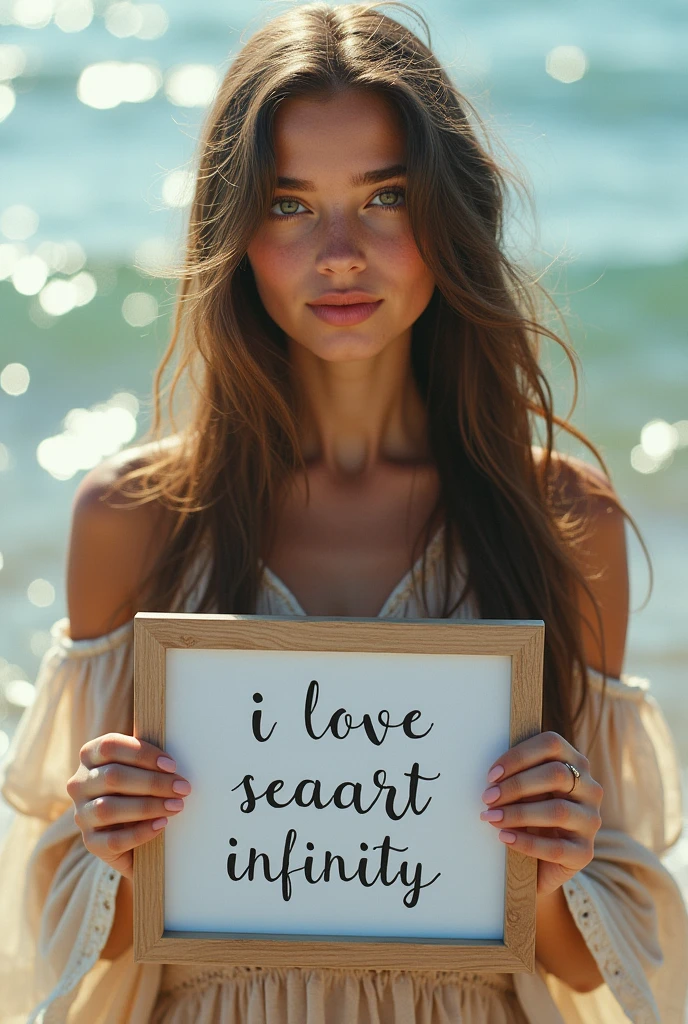 Beautiful girl with wavy long hair, bohemian dress, holding a white board with text "I Love Seaart Infinity" and showing it to the viewer