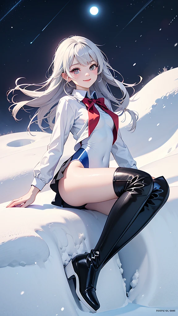 Nsfw,knee boots,illustration,((solo)),(1 girl),smile,(fusion of school uniform and high legged swimsuit),shiny,depth of field,colorful, closed mouth,floating,nature,galaxy,fantasy,snow,winter,star,night,a lot of snow,floating snow