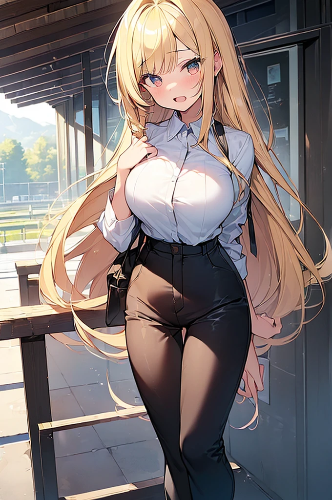 (Masterpiece, Top quality:1.5), full body, (1 beautiful girl:1.2), (Round eyes, big eyes:1.3), (tethered pants:1.2), (blonde hair:1.2), long Hair, straight Hair, asymmetry bangs, swept bangs, (large breasts:1.2), junior high school student, shy:1.3, blush:1.3, beautiful scene of station platform, open mouth, dynamic pose, dynamic angle