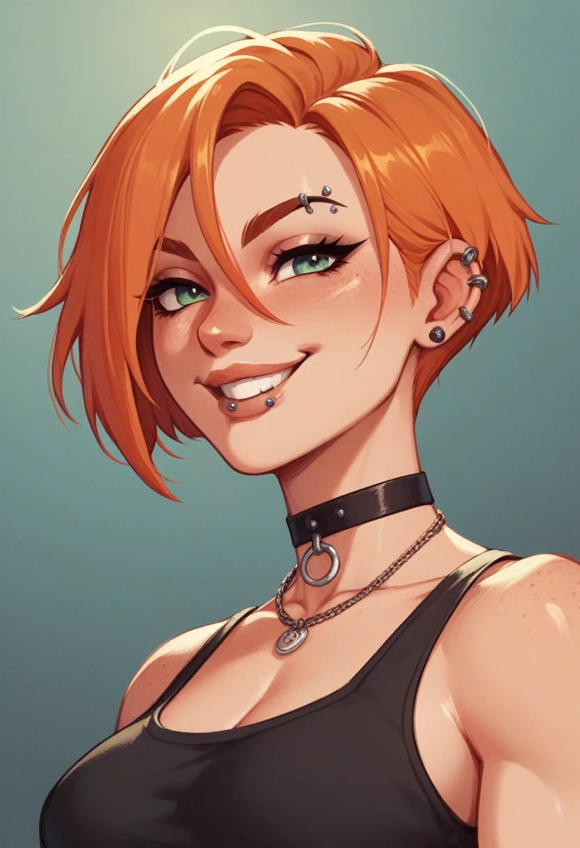 A girl, ginger with short hair, who wear black baggy clothes and have a lip piercing. She have a kinda dark make up. And a pervert smile 