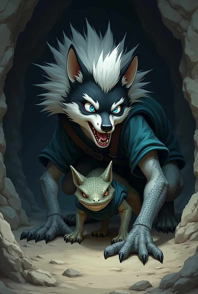 An anthropomorphic youthful slender  wolf cub with black and white fur, blue eyes and a striking white mohawk hairstyle wears a dark blue, baggy medieval tunic shirt with dark green, T-shirt-like short sleeves. in animated drawing style. He finds himself in a dark, dark cave. A huge evil monstrous lizard creature, which is significantly larger than the wolf cub, has already grabbed the panicked wolf cub by the head and is pressing him firmly to the cave floor with his claws. The monster drools, while trying, to devour the wolf cub. animated drawing style