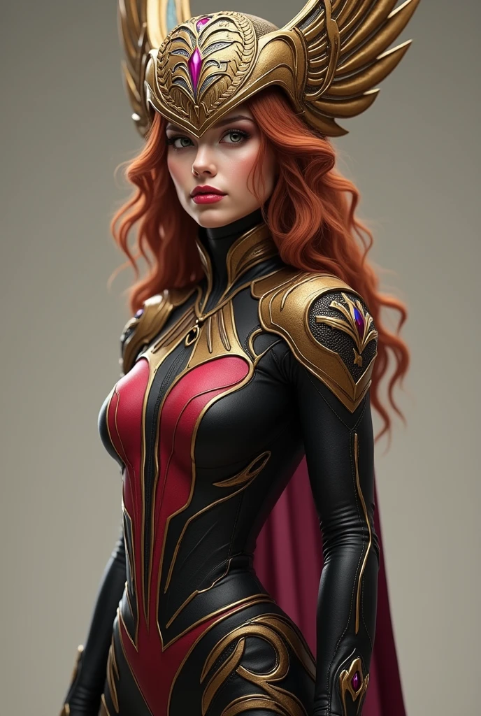 an intelligent female superhero who's powers is similar to wanda maximoff with a headpiece of some sort, and only the color scheme of wanda to be similar but make the clothes unique but elegant. brownish orange hair with a different and unique headpiece