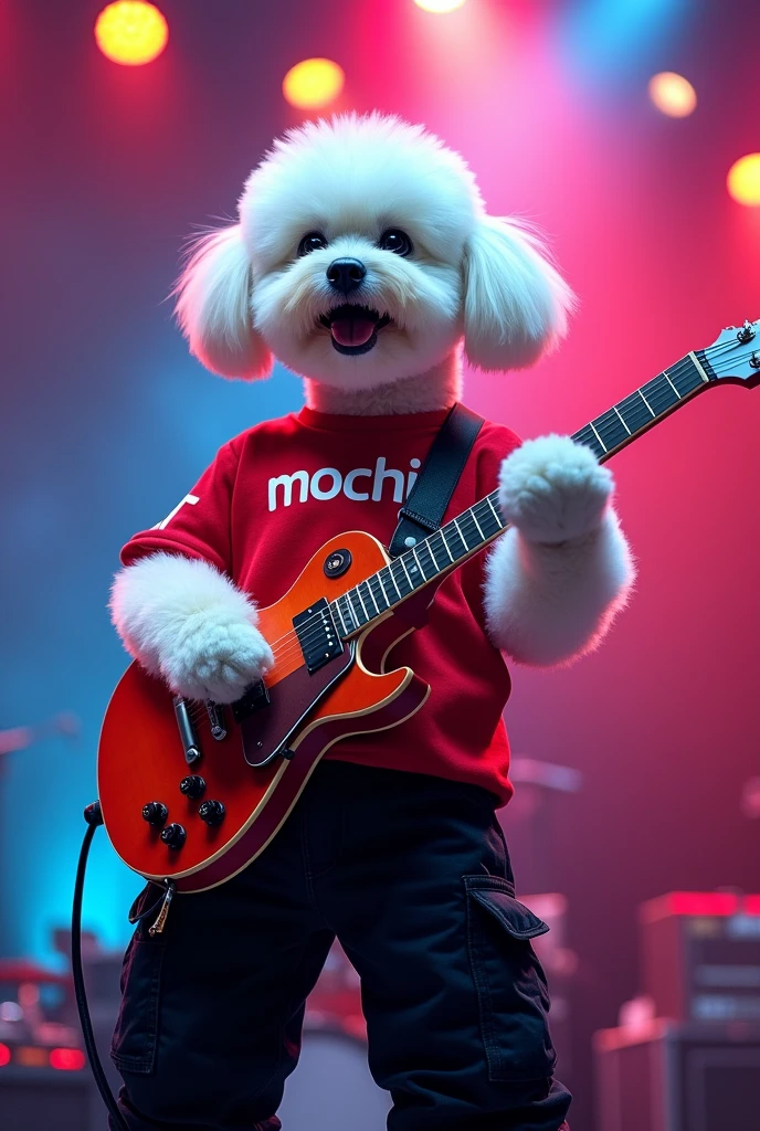 Red shirt with MOCHI written on it, black cargo pants, white haired bichon frise dog singing on stage while playing electric guitar, real, photo, 4 hp, high resolution, film, illuminated, colorful,