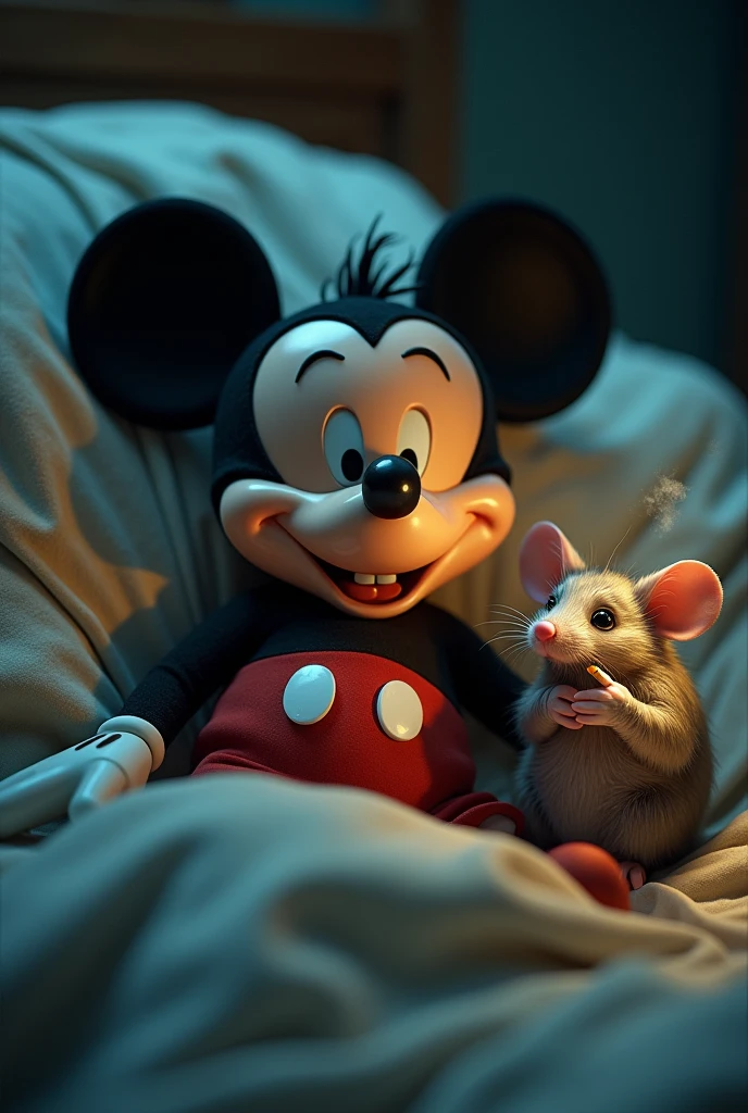 Mickey Mouse in bed with a rat, smoking a cigarette