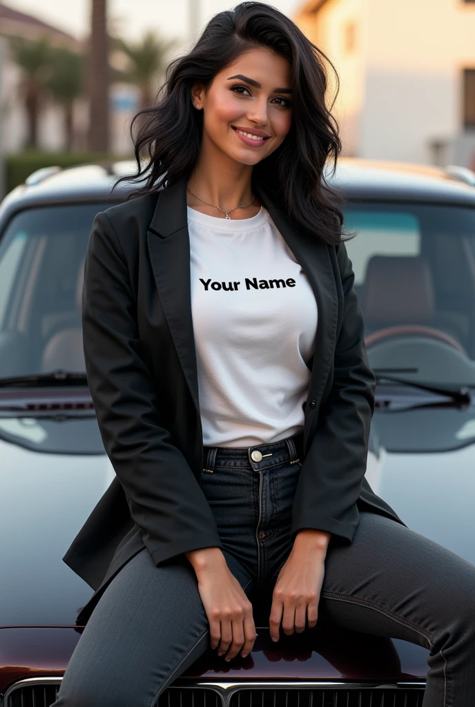 A lady sitting on car with attitude smile
Wearing white t-shirts & black jacket and jeans
YOUR NAME writing on front side of the shirt