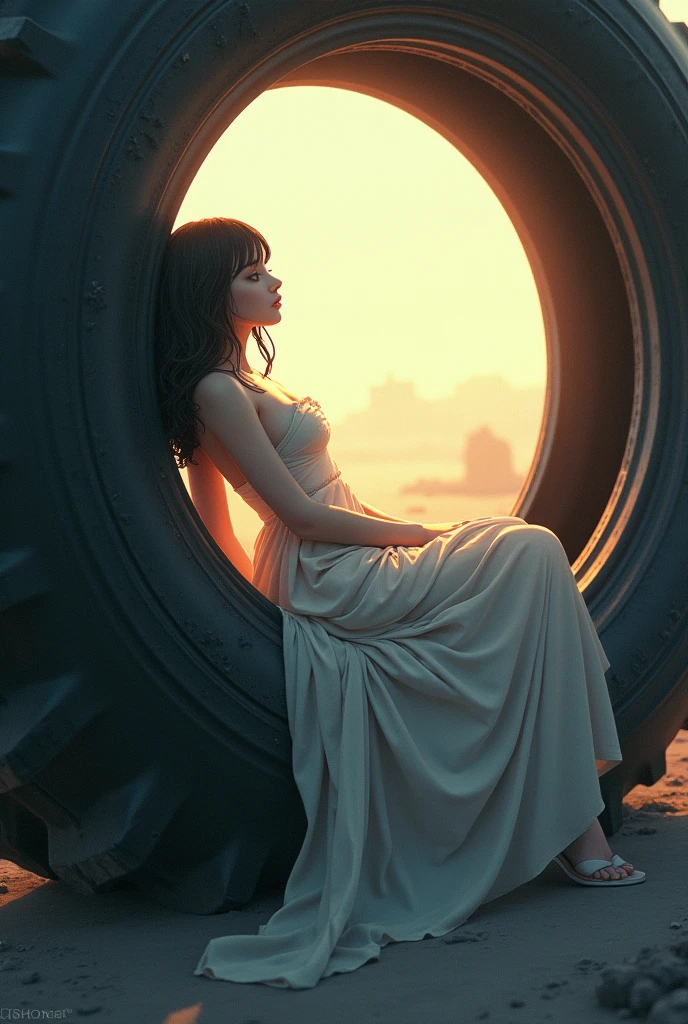 anime scene of a woman lying on a giant tire with a bright light, inspired by Krenz Cushart, wlop and krenz cushart, Krenz Cushart, krenz cushart and artgerm, 由杨J, by Shitao, by Krenz Cushart, art by wlop and greg rutkowski: caravaggio painting