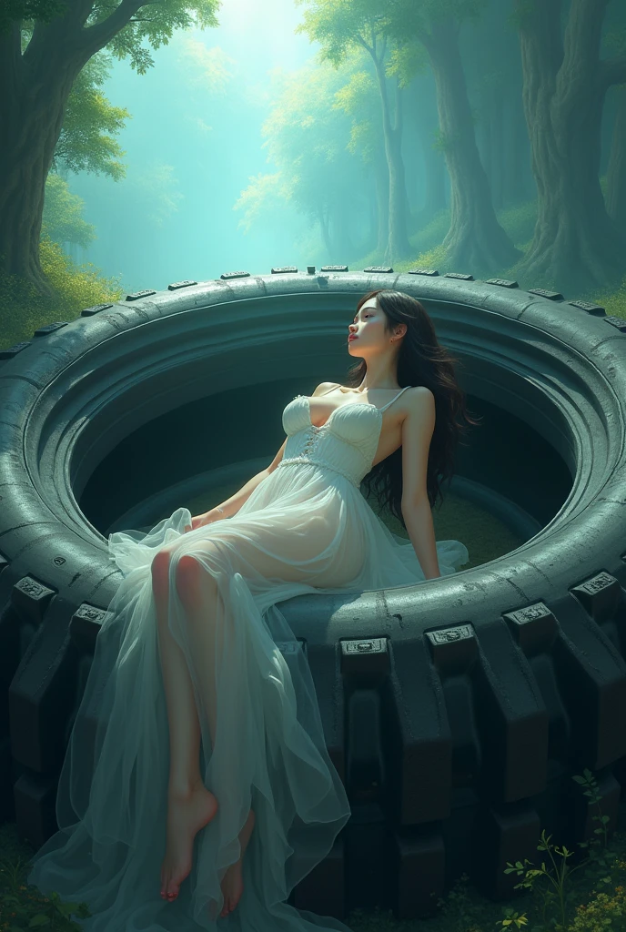 anime scene of a woman lying on a giant tire with a bright light, inspired by Krenz Cushart, wlop and krenz cushart, Krenz Cushart, krenz cushart and artgerm, 由杨J, by Shitao, by Krenz Cushart, art by wlop and greg rutkowski: caravaggio painting