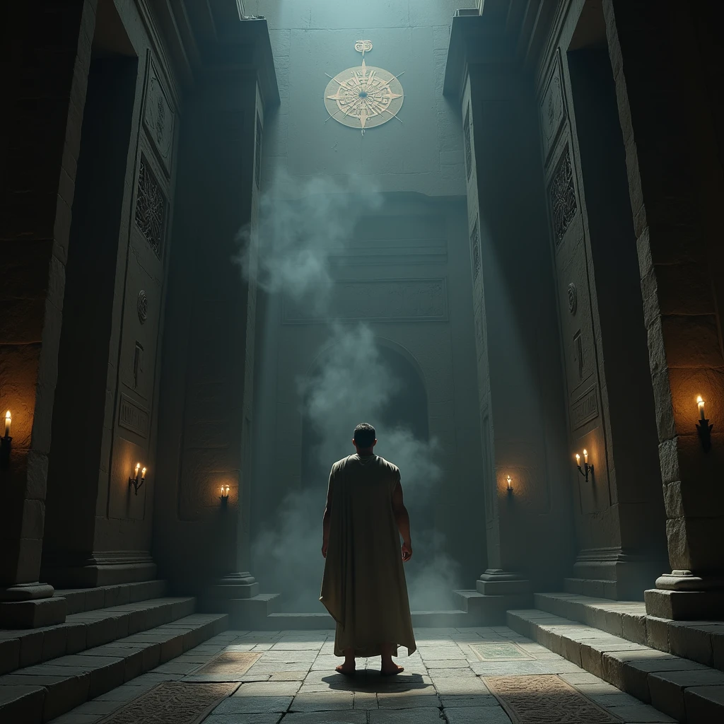 Hercules consulting the Oracle of Delphi, wearing simple robes, Ancient Greece, inside the dark and smoky temple, receiving a vision from the oracle, mystical symbols carved into the walls, medium shot, hyper-realistic, photo realism, cinematography --ar 1:1