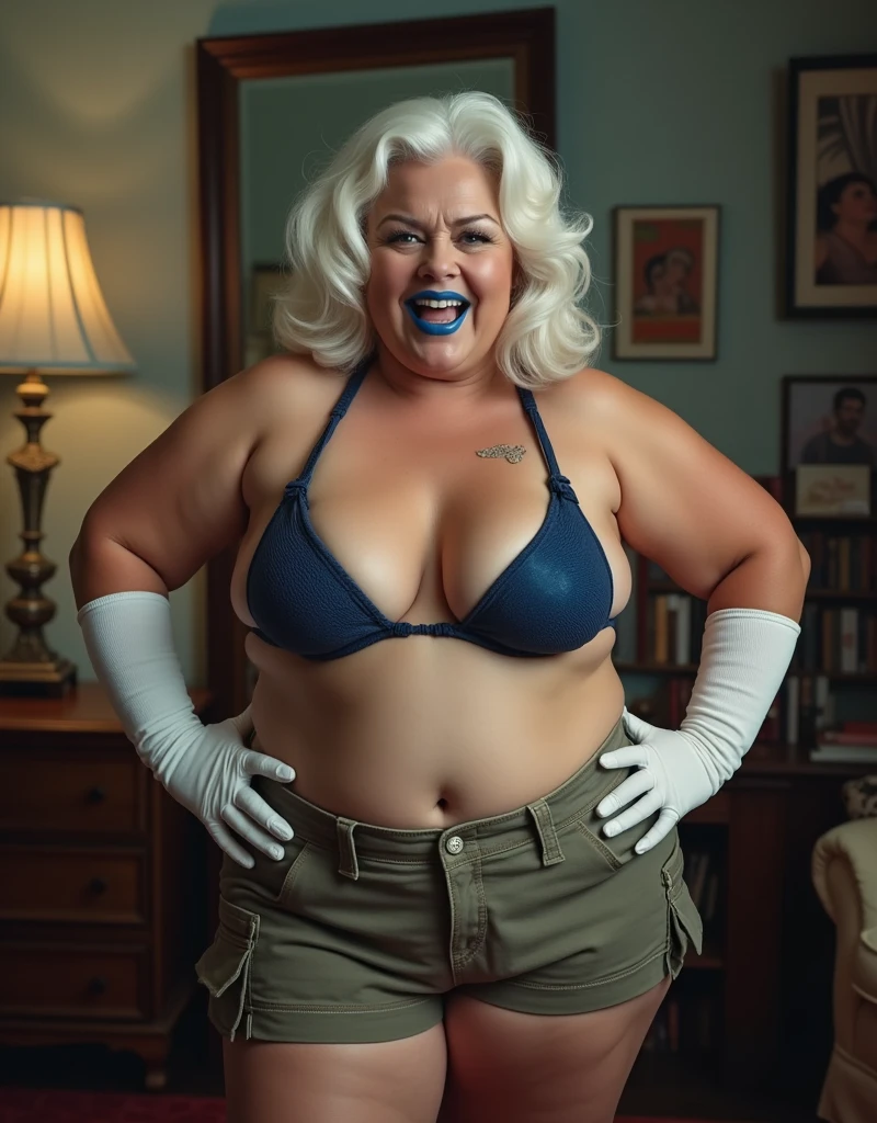 Overweight overweight 60 year old American aged women wearing bikini cargo shorts .with blue lipstick white gloves and white hairs looking so hot while posing inside her room