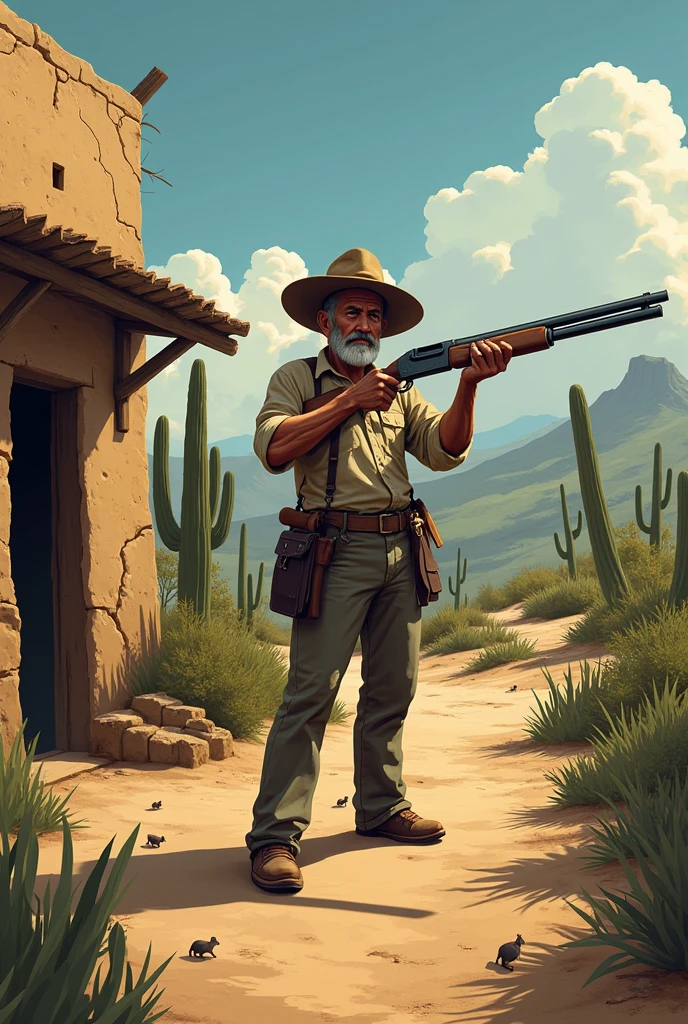 Character Sprite Description:

The character is a middle-aged man, with typical features of the northeastern backlands. He wears a simple, worn cotton shirt., faded in color, and a traditional straw hat. Sitting at the entrance to his mud house (built with clay and wood), he holds tightly an old shotgun. His expression is determined and attentive., ready to protect your home from animals that emerge from the bush.

Scenario:

The setting is a typical caatinga landscape in the Brazilian Northeast.. The ground is dry and cracked, with small shrubs and tered cacti. Ao fundo, there is the silhouette of some twisted and dry trees, in addition to rocky mountains that complement the arid environment. The character&#39;s adobe house is a little worn by time, with cracked mud walls and a thatched roof.

animals:

The animals that come out of the bush are typical representations of the local fauna., like an armadillo, cavies and small birds of the caatinga. They suddenly appear among the bushes and cacti, moving quickly towards the character. The art style of animals should be consistent with that of the character., maintaining a look that combines realism and stylization for the 2D game.

Sound Environment:

The game may have a soundscape that includes sounds of the caatinga, like the song of birds, the sound of the dry wind, and the occasional rustling of dry leaves and branches. The sound of the shotgun firing should be clear and resonant., standing out among the sounds of the environment.

