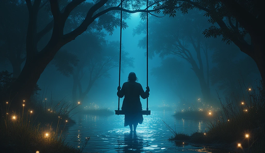 An enigmatic realm with a dark, starry sky. A golden river flows beneath a swing glowing in blue, surrounded by glowing fireflies. An elderly woman with a sorrowful smile appears from the river, explaining the swing's significance to Shiladitya, who is sitting on the swing, facing his greatest fears.