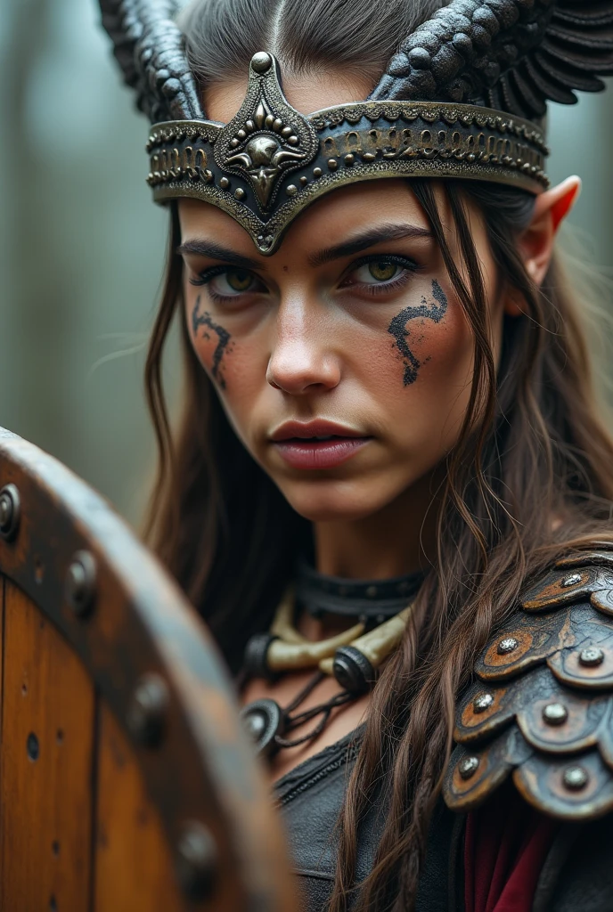 Close up face of beautiful viking queen, wooden shield in hand, eagle wings crown , tribal design on the eyes, Angry, bone ornaments on the neck, leather armor, focused