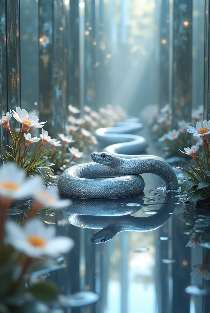 A photorealistic, ultra-realistic 4K cinematic image of a snake slithering through a complex three-dimensional maze made entirely of floating mirrors. The snake itself is composed of shimmering silver vapor, its form ethereal and ever-changing. As it moves gracefully through the maze, it leaves behind a trail of metallic flowers that bloom instantly in its wake, each flower reflecting in the surrounding mirrors to create an infinite cascade of blossoms. The environment is surreal and captivating, with reflections creating a labyrinth of light and form. The scene is captured with meticulous detail, high contrast, and soft, ambient lighting to enhance the reflective surfaces and the delicate beauty of the blooming metallic flowers.
