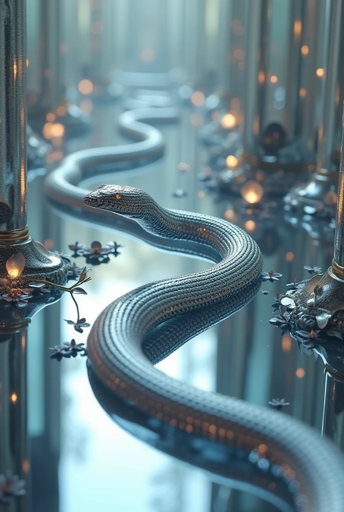 A photorealistic, ultra-realistic 4K cinematic image of a snake slithering through a complex three-dimensional maze made entirely of floating mirrors. The snake itself is composed of shimmering silver vapor, its form ethereal and ever-changing. As it moves gracefully through the maze, it leaves behind a trail of metallic flowers that bloom instantly in its wake, each flower reflecting in the surrounding mirrors to create an infinite cascade of blossoms. The environment is surreal and captivating, with reflections creating a labyrinth of light and form. The scene is captured with meticulous detail, high contrast, and soft, ambient lighting to enhance the reflective surfaces and the delicate beauty of the blooming metallic flowers.