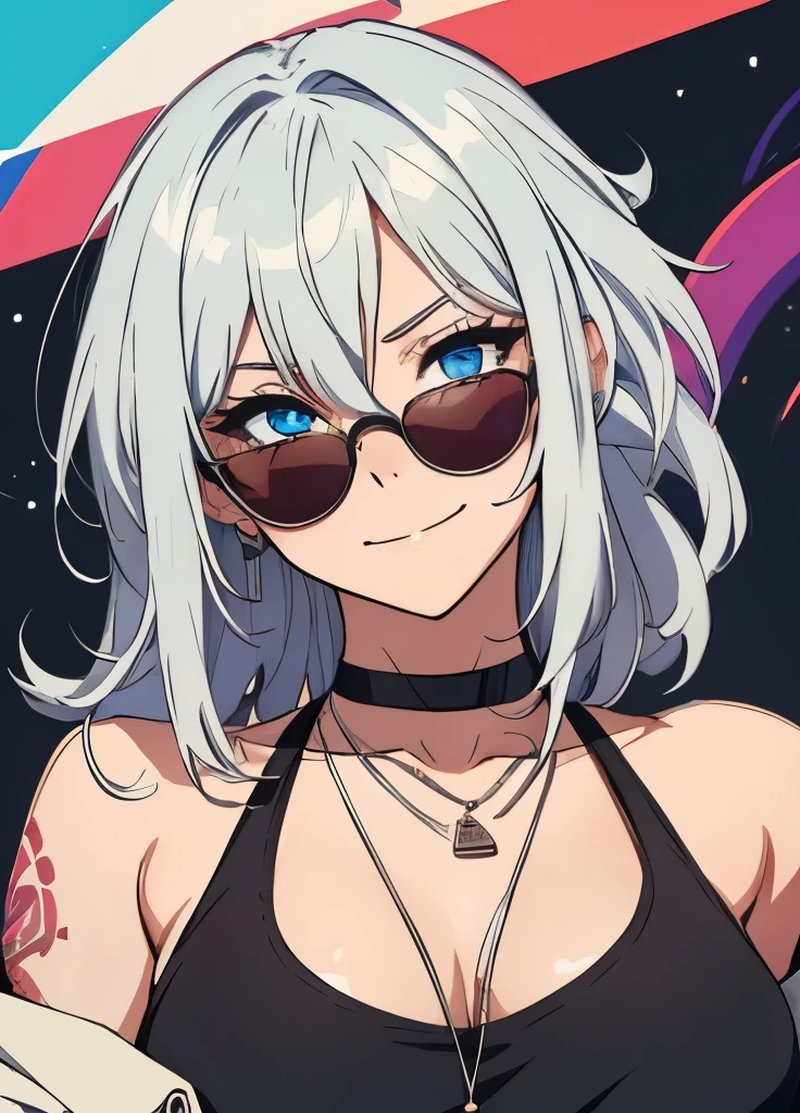 1girl, (solo:1.5), (adult:1.3), medium breasts, (upper body:1.2), close-up, long hair, white hair, silver hair, light blue eyes, hair between eyes, long side hair, messy hair, side more hair, fancy background, fancy, sprinkle, tattoo on shoulder, bracalets, pop art, poster, long cute french nails, half wearing a big jacket on shoulder, sketch, painting, colorful, professional, pervert smile, wearing fancy sunglasses, wink, black tanktop, argent necklaces, happy, cool, confident, eyebrows raised, standing, holding sunglasses, safe, sensitive, source_anime, anime screencap, very aesthetic, masterpiece, thick outlines, best quality, detailed eyes, ultra beautiful, perfect symmetrical face, anime korean style